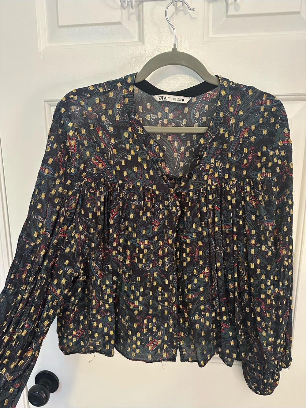 Zara Black Multicolor Paisley Peasant Blouse